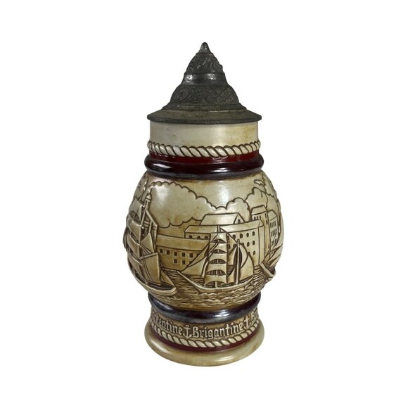 Vintage Avon Ceramic Beer Stein Broken Pewter Lid Nautical Scene 1977 - Picture 5 of 12